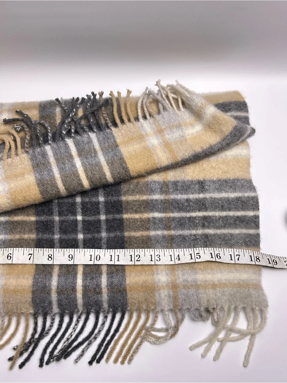 Talbots 100% Cashmere Plaid Scarf Beige Gray Blue Fringe 71”